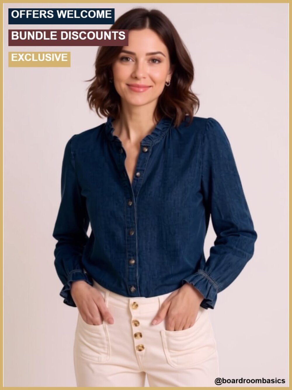 Women's Button Down Denim Shirt Long Sleeve Ruffle Blouse Top